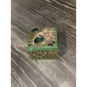 BLING!  Emerald Green Jewel Embellished Trinket Box Rhinestone Glitter #E. NM#3